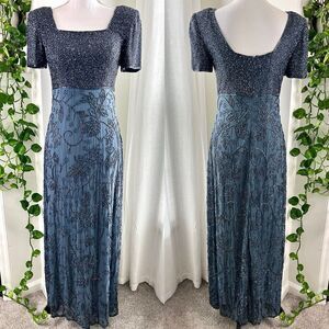 Sean Collection 100% Silk Steel Blue-Gray Beaded Embellished Evening Gown - Med